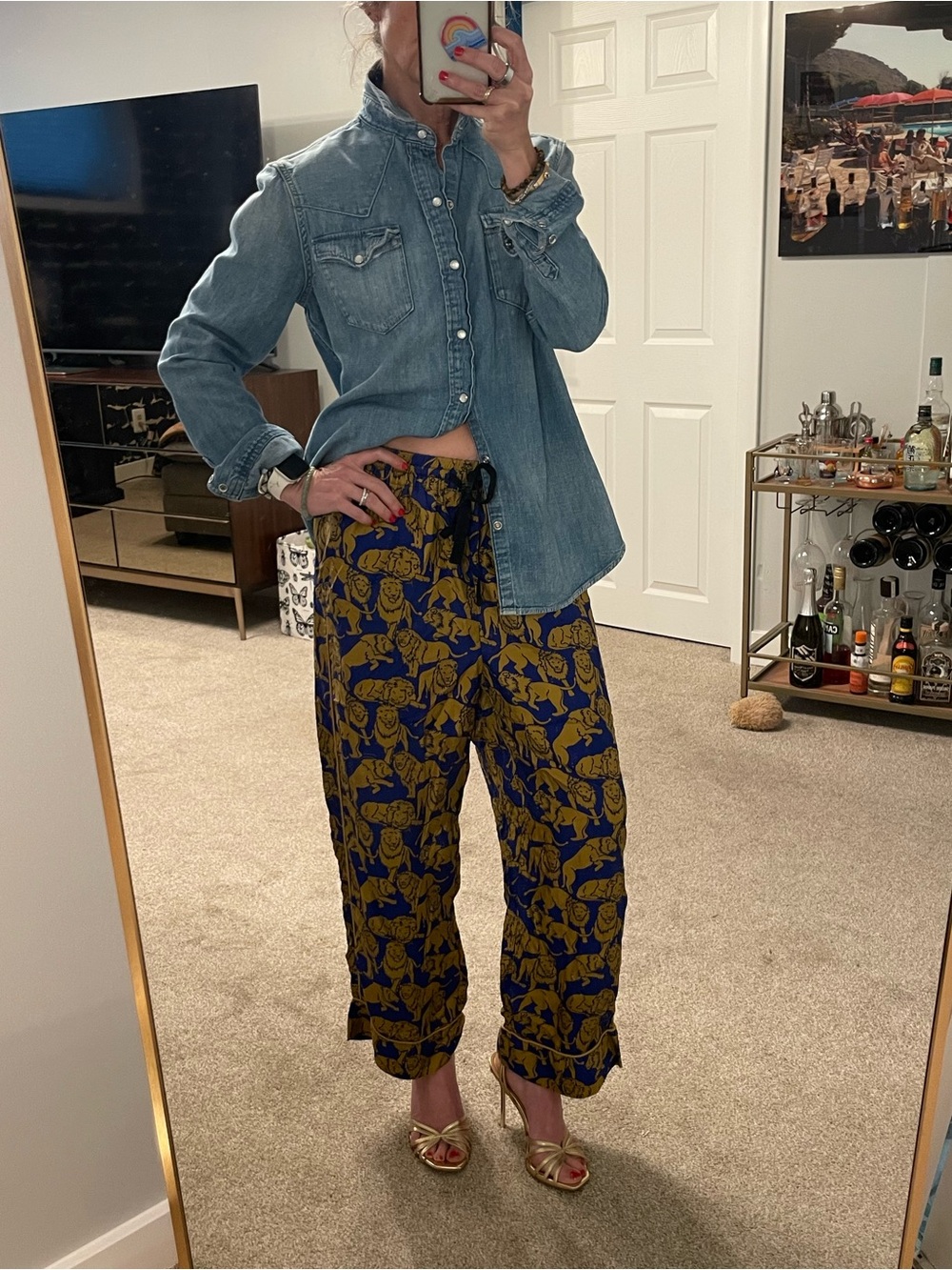 J. Crew Blue and Gold lion patterned silky pajama style pants